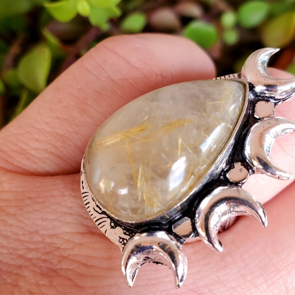 New Witchy Golden Rutile Multi Horned Crescent Moon 925 Silver Ring. - Picture 7 of 12